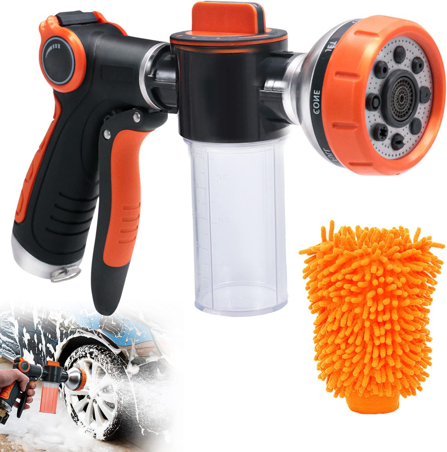Garden Hose Nozzle, High Pressure 8 Spray Patterns Hose Sprayer with 3.5  oz/100 cc Soap Dispenser Bottle, Metal Car Wash Foam Gun with A Coral  Fleece Car Wash Mitt 